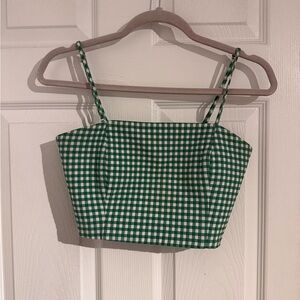 Zara Green Checkered Crop Top and pants outfit